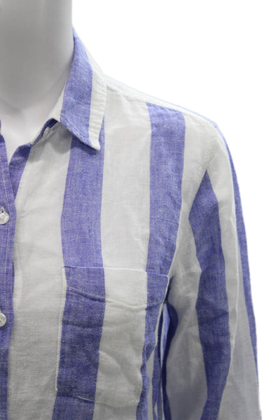 Rails Womens Linen Striped Collared Button Up Top Long Sleeve Blue Size XS
