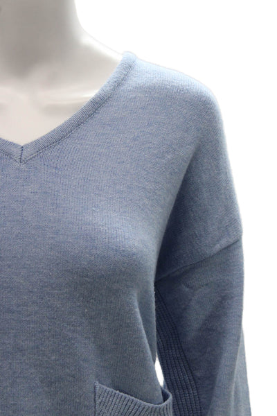 Renuar Women Pullover Sweater V-Neck Blue Long Sleeve Size L