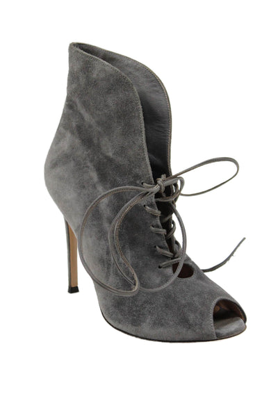 Gianvito Rossi Womens Suede Lace Up Peep Toe Ankle Boots Grey Size 36.5 6.5