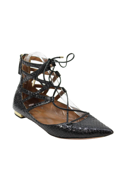 Aquazzura Womens Snakeskin Print Lace Up Ballet Flats Black Size 36.5 6.5