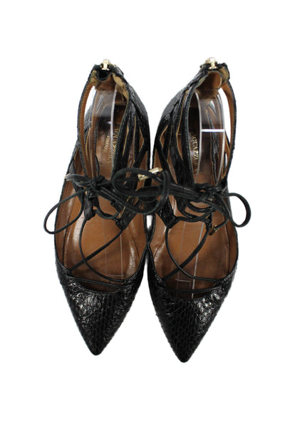 Aquazzura Womens Snakeskin Print Lace Up Ballet Flats Black Size 36.5 6.5