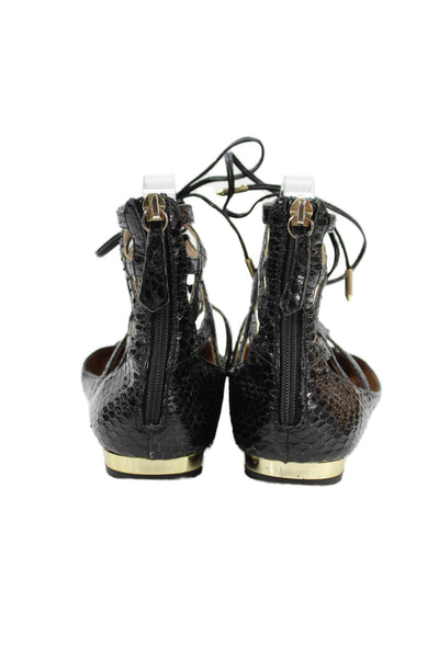 Aquazzura Womens Snakeskin Print Lace Up Ballet Flats Black Size 36.5 6.5