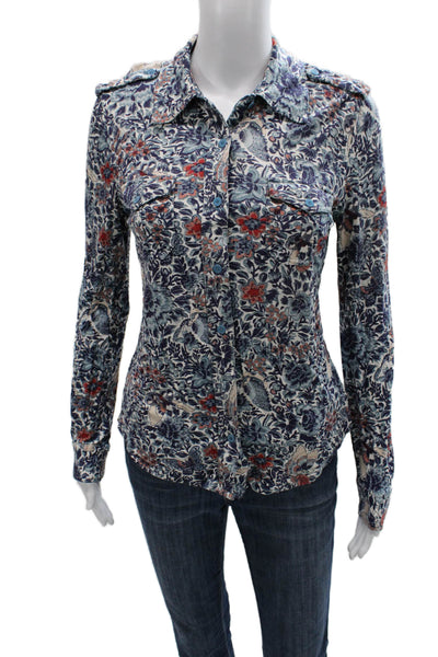 Tory Burch Women Floral Rayon Collared Button-Up Long Sleeve Petites Size S