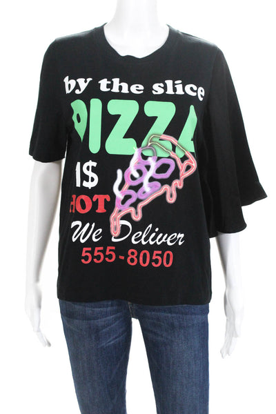Filles A Papa Womens Black Pizza Graphic Tee Shirt With Satin Batwing Size 0