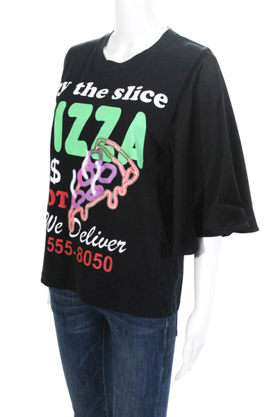 Filles A Papa Womens Black Pizza Graphic Tee Shirt With Satin Batwing Size 0