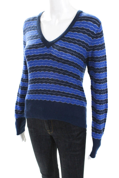 Happy Sheep Womens Long Sleeve V Neck Sweater Blue Cashmere Striped Size Medium