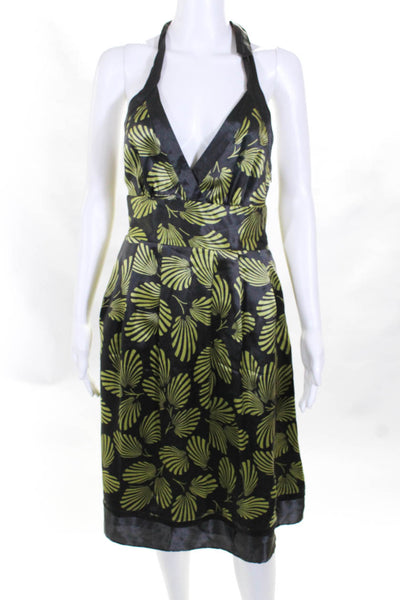 Ted Baker Womens Leaf Print Halter A Line Midi Dress Green Gray Silk Size 2