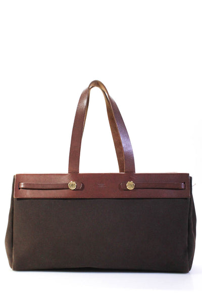Hermes Brown Canvas Leather Trim Herbag Cabas MM Tote Handbag BY4476
