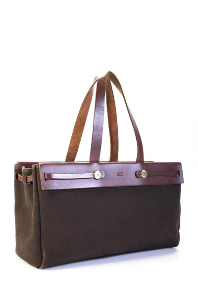 Hermes Brown Canvas Leather Trim Herbag Cabas MM Tote Handbag BY4476