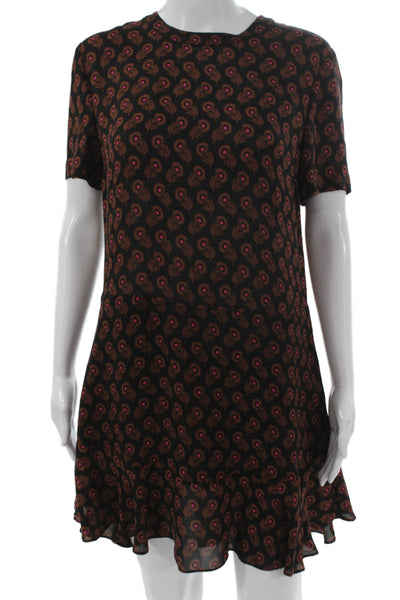 ALC Womens Black Silk Shift Dress Short Sleeve Round Neck Button Size 6