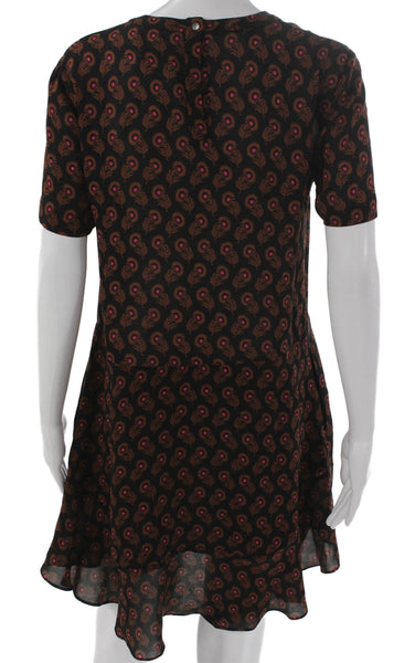 ALC Womens Black Silk Shift Dress Short Sleeve Round Neck Button Size 6