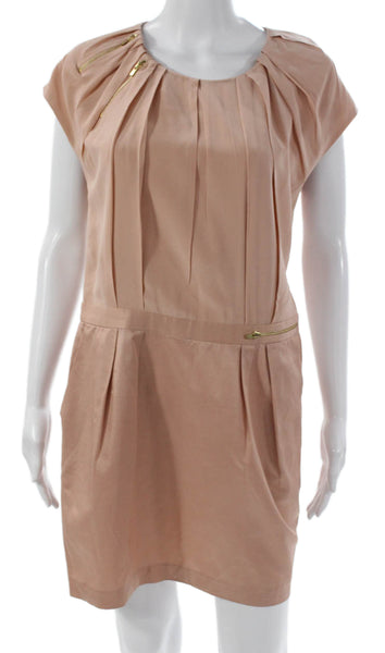 Maje Women Shift Dress Beige Silk Short Sleeve Round Neck Zip Solid Size 2
