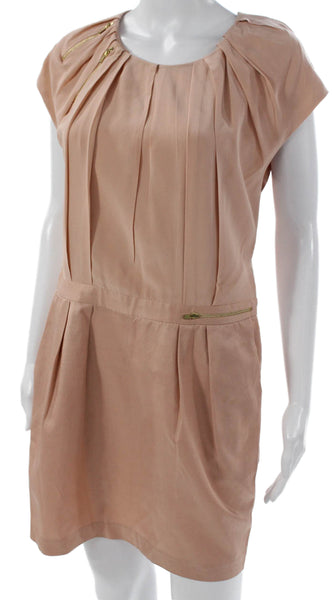 Maje Women Shift Dress Beige Silk Short Sleeve Round Neck Zip Solid Size 2