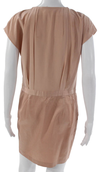 Maje Women Shift Dress Beige Silk Short Sleeve Round Neck Zip Solid Size 2