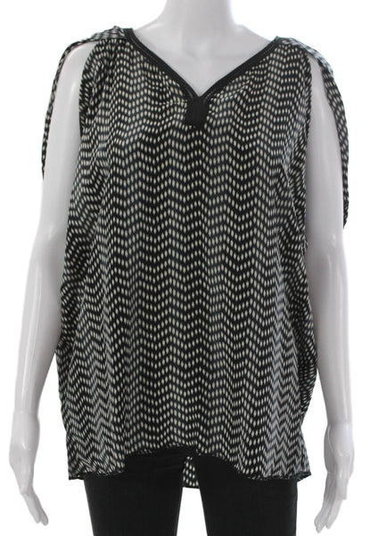 Country Road Women Silk Geometric V-Neck Tunic Blouse Short Sleeve Black Size M