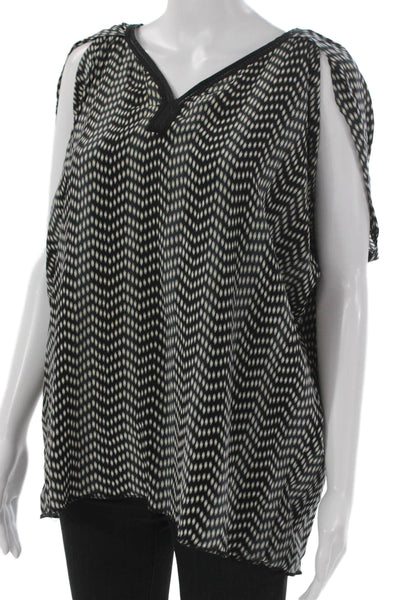 Country Road Women Silk Geometric V-Neck Tunic Blouse Short Sleeve Black Size M