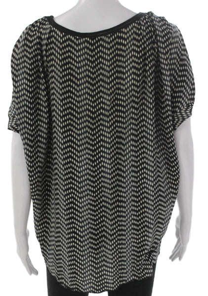 Country Road Women Silk Geometric V-Neck Tunic Blouse Short Sleeve Black Size M