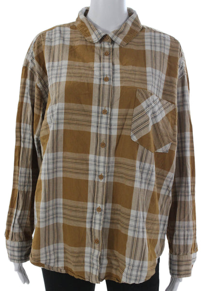 Garnet Hill Womens Button-Up Brown Plaid Cotton Collared Long Sleeve Size 16