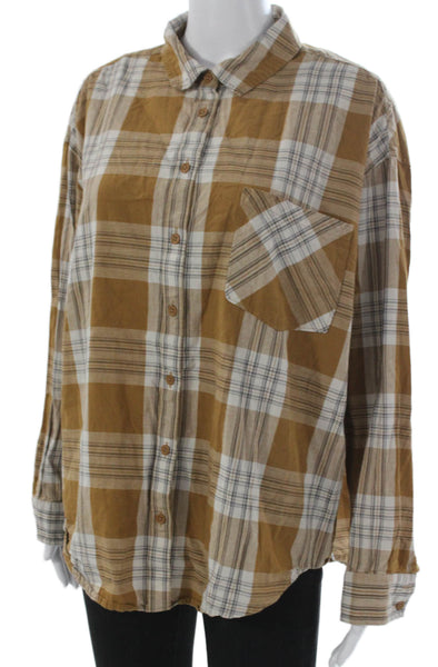 Garnet Hill Womens Button-Up Brown Plaid Cotton Collared Long Sleeve Size 16