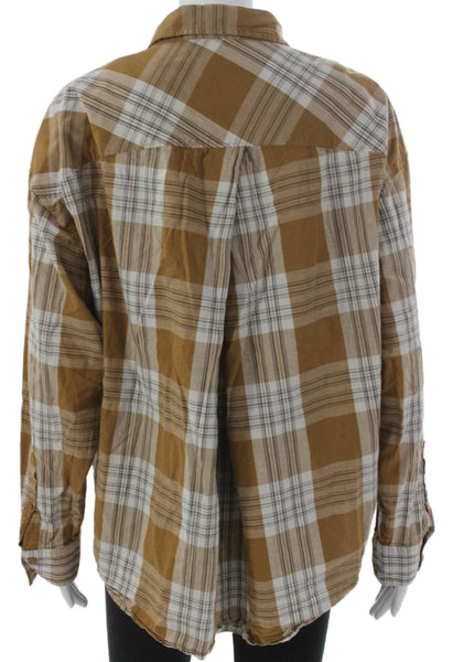 Garnet Hill Womens Button-Up Brown Plaid Cotton Collared Long Sleeve Size 16