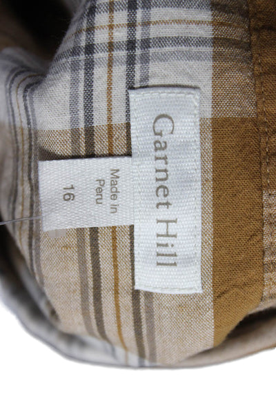 Garnet Hill Womens Button-Up Brown Plaid Cotton Collared Long Sleeve Size 16