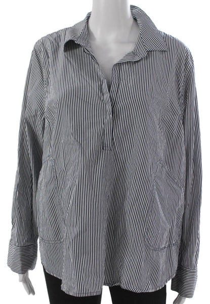 J Crew Women Blue Striped Collared Long Sleeve Tunic Blouse Cotton Size XL