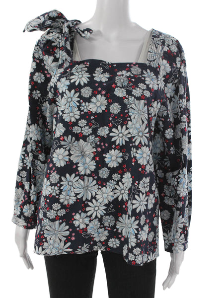 Claudie Pierlot Womens Blue Floral Square Neck Long Sleeve Basic Blouse Size 40