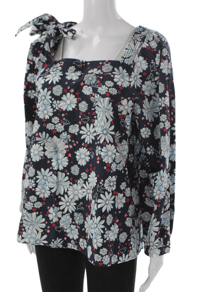Claudie Pierlot Womens Blue Floral Square Neck Long Sleeve Basic Blouse Size 40