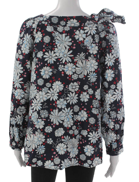 Claudie Pierlot Womens Blue Floral Square Neck Long Sleeve Basic Blouse Size 40