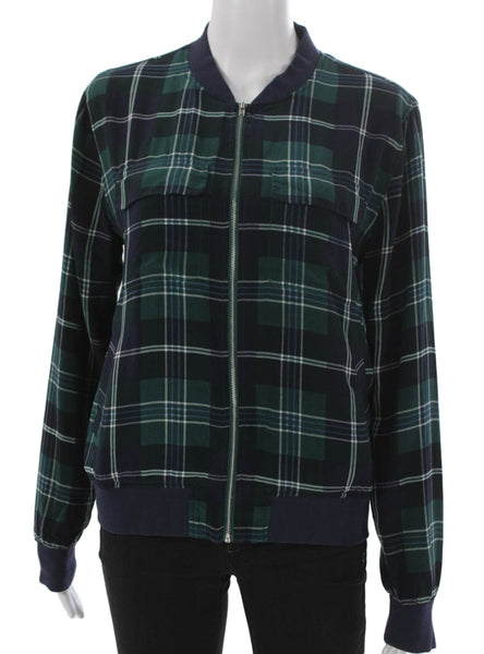 Equipment Femme Women Silk Plaid Bomber Jacket Zip Long Sleeve Green Size S