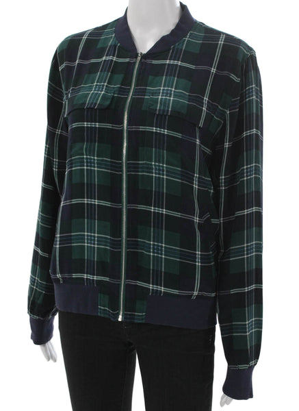 Equipment Femme Women Silk Plaid Bomber Jacket Zip Long Sleeve Green Size S