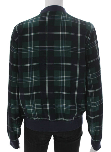 Equipment Femme Women Silk Plaid Bomber Jacket Zip Long Sleeve Green Size S