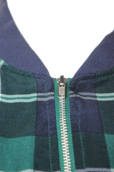 Equipment Femme Women Silk Plaid Bomber Jacket Zip Long Sleeve Green Size S