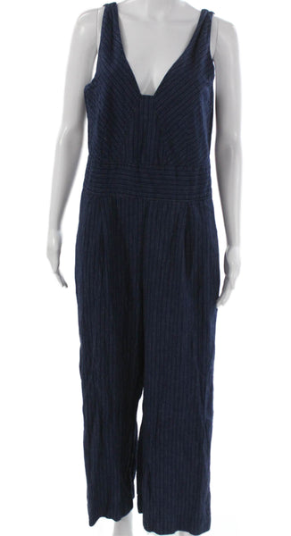 Banana Republic Women Blue Striped V-Neck Sleeveless Jumpsuit Size S