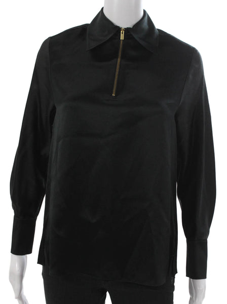 Vince Women Silk Collared Long Sleeve Blouse Black Zip Size 2XS