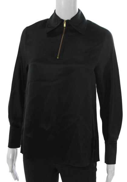 Vince Women Silk Collared Long Sleeve Blouse Black Zip Size 2XS