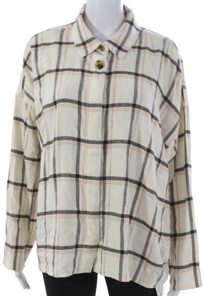 Madewell Women Ivory Plaid Cotton Collared Button-Up Long Sleeve Size XL