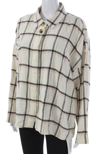 Madewell Women Ivory Plaid Cotton Collared Button-Up Long Sleeve Size XL