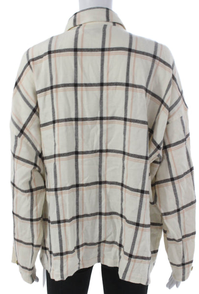 Madewell Women Ivory Plaid Cotton Collared Button-Up Long Sleeve Size XL