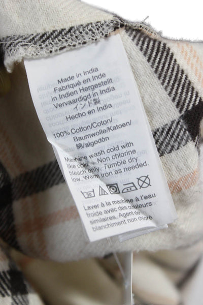 Madewell Women Ivory Plaid Cotton Collared Button-Up Long Sleeve Size XL