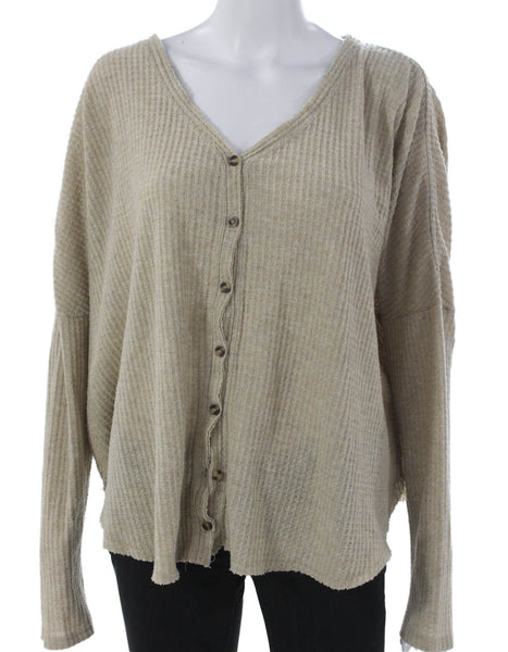 Out From Under Womens Waffle Knit V Neck Button Up Sweater Beige Size M
