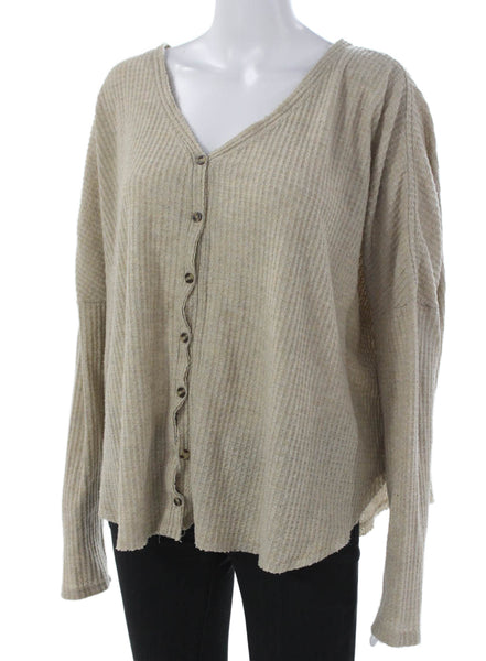 Out From Under Womens Waffle Knit V Neck Button Up Sweater Beige Size M