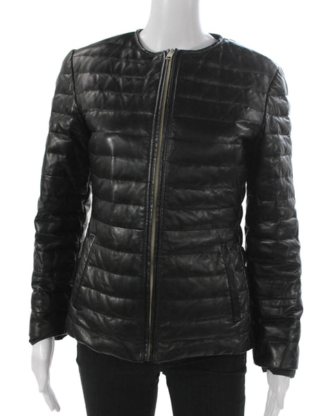 Calzaiuoli Womens Puffer Jacket Black Leather Zip Long Sleeve Size 42