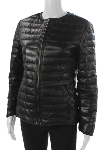 Calzaiuoli Womens Puffer Jacket Black Leather Zip Long Sleeve Size 42