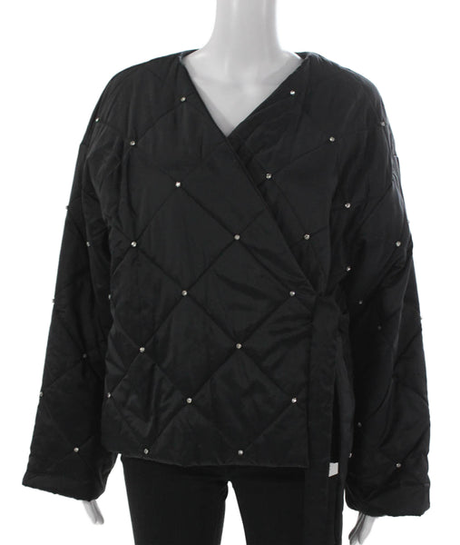 Rhode Women Quilted Jacket Black Recycled Nylon Tie Long Sleeve Size M