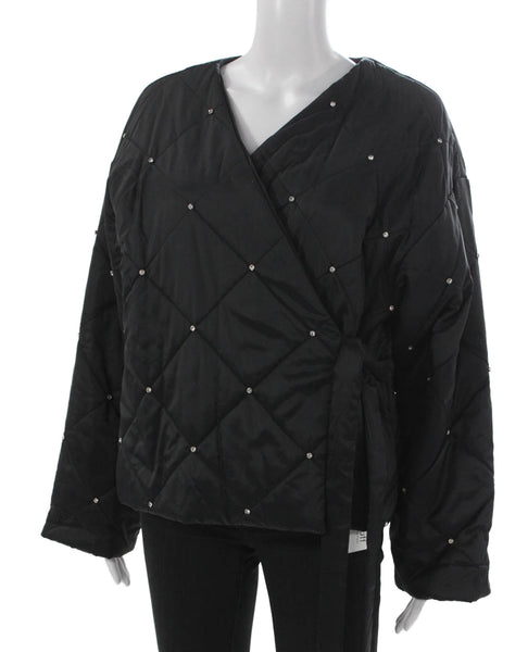 Rhode Women Quilted Jacket Black Recycled Nylon Tie Long Sleeve Size M