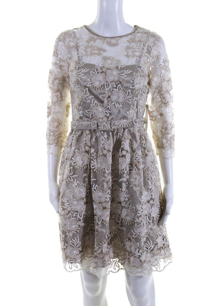 Eliza J Beige Embroidered Sparkle Short Sleeve A Line Dress Size 6 NEW $188