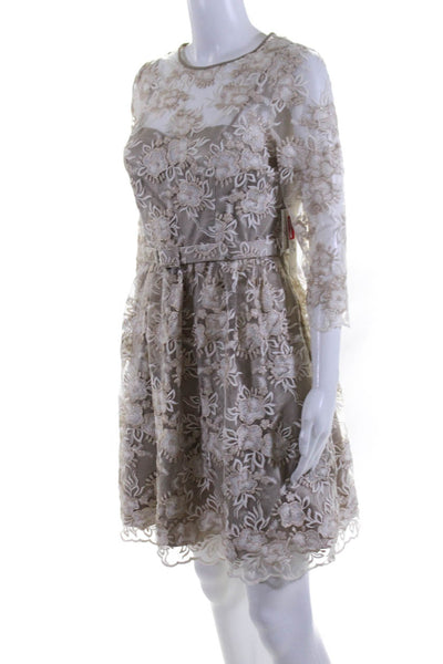 Eliza J Beige Embroidered Sparkle Short Sleeve A Line Dress Size 6 NEW $188