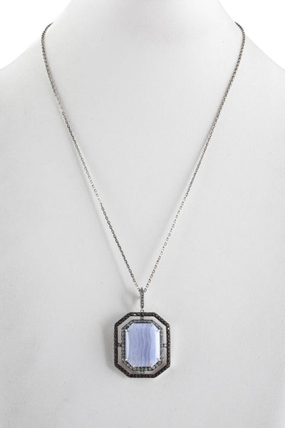 Designer Womens Sterling Silver Blue Lace Agate Smoky Quartz Chain Necklace