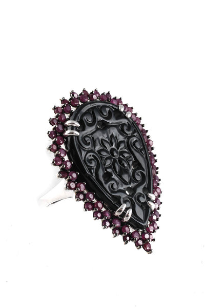 Rarities Sterling Silver Hand Carved Black Onyx Ruby Cocktail Ring Size 8